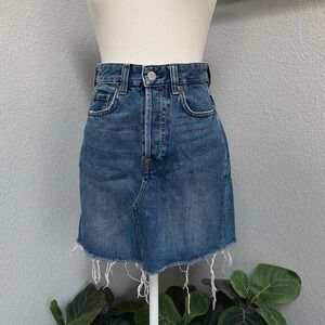 &DENIM BLUE MINI SKIRT BUTTON FLY Y2K MODERN BOHO CHIC SOFT GRUNGE ALT ACADEMIA